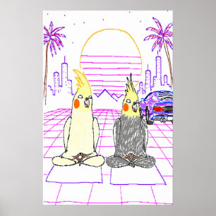 Vaporwave Cockatiels Retro Sunset Poster
