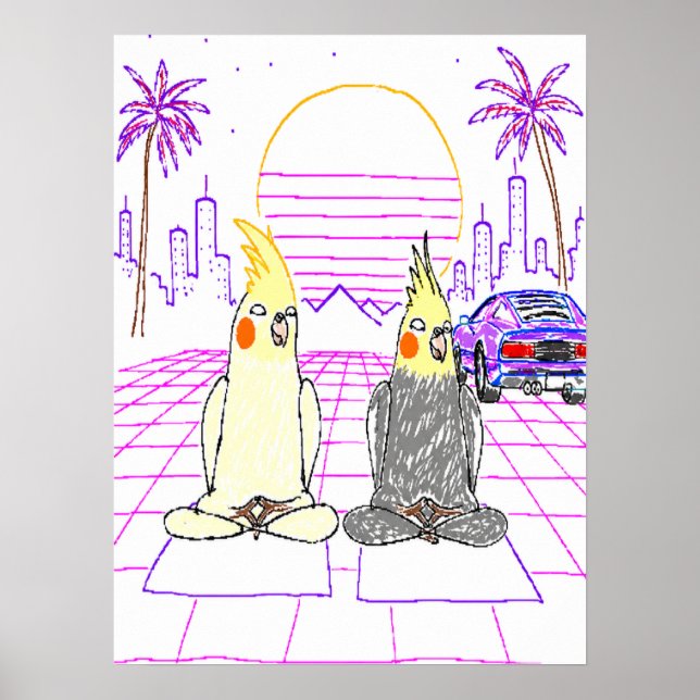 Vaporwave Cockatiels Retro Sunset Poster (Front)