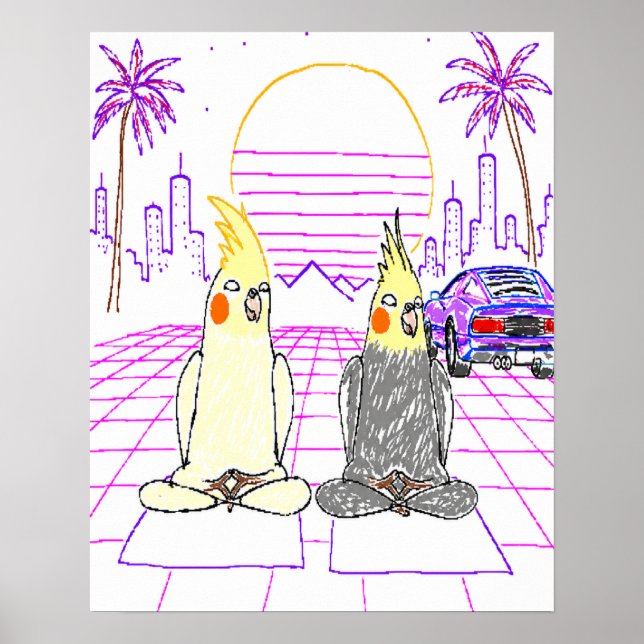 Vaporwave Cockatiels Retro Sunset Poster (Front)