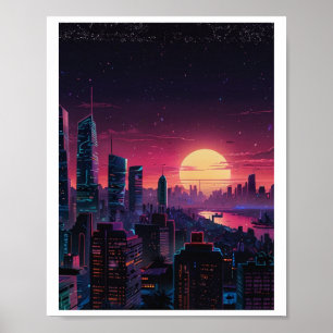 Vaporwave Cyberpunk Cityscape – Neon Skyline Art S Poster
