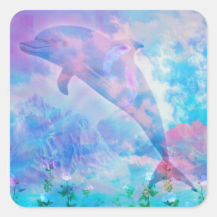 Vaporwave dolphin in the sky square sticker