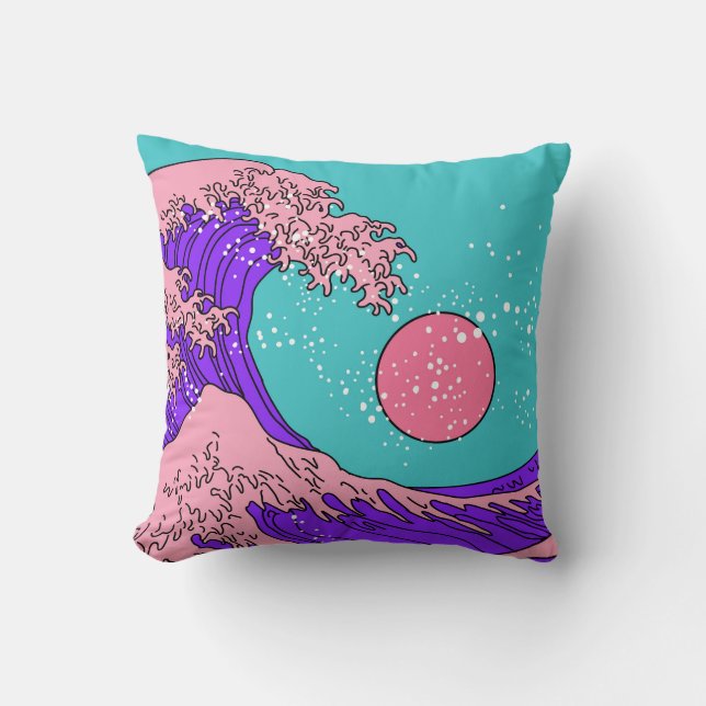 Vaporwave Great Wave: Stylised Ocean Art Cushion (Front)