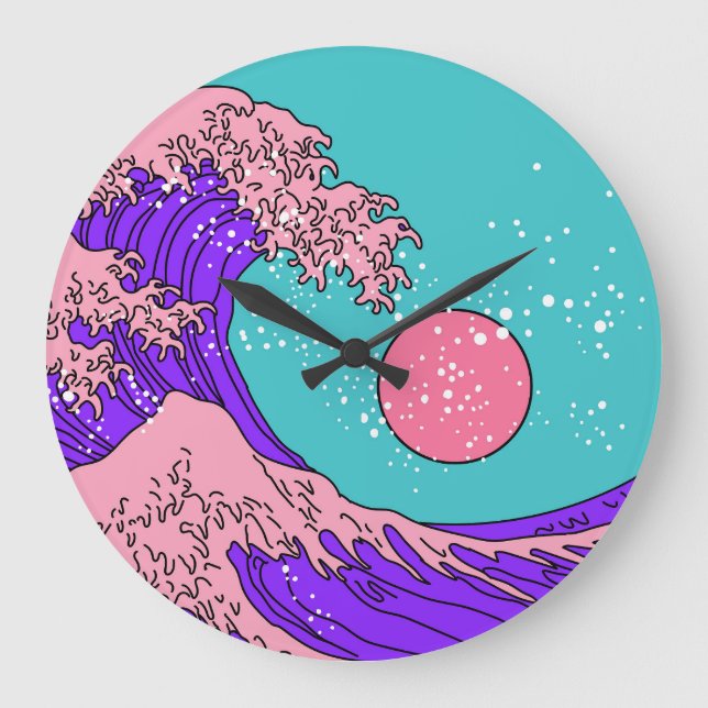 Vaporwave Great Wave: Stylised Ocean Art Large Clock (Front)