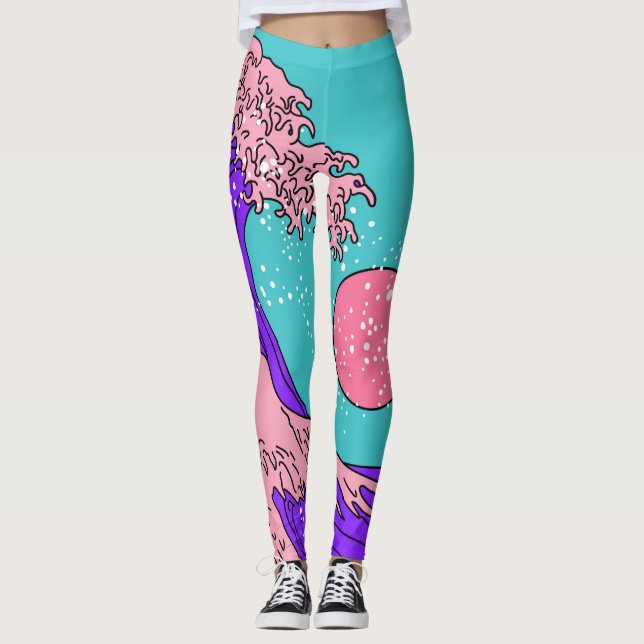 Vaporwave Great Wave: Stylised Ocean Art Leggings (Front)
