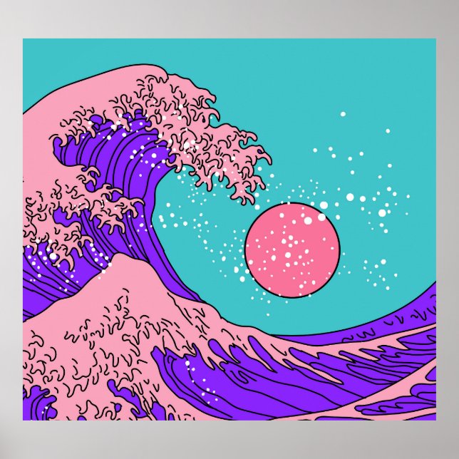 Vaporwave Great Wave: Stylised Ocean Art Poster (Front)