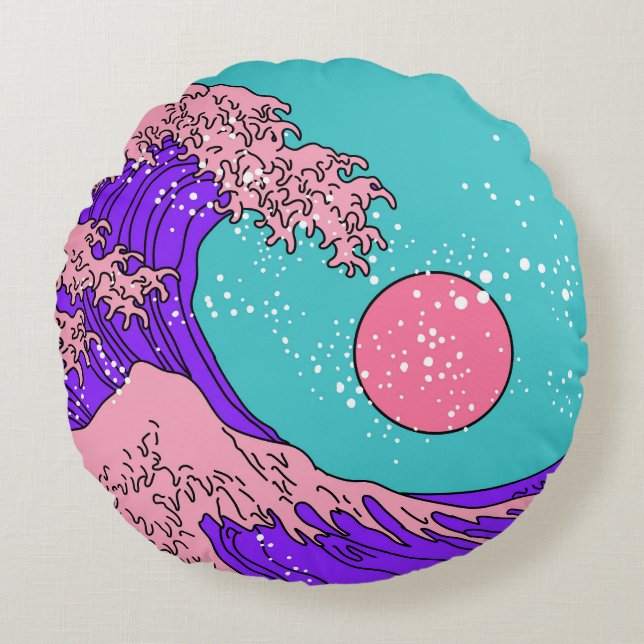 Vaporwave Great Wave: Stylised Ocean Art Round Cushion (Front)