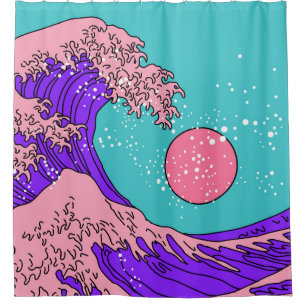 Vaporwave Great Wave: Stylised Ocean Art Shower Curtain