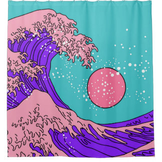 Vaporwave Great Wave: Stylised Ocean Art Shower Curtain