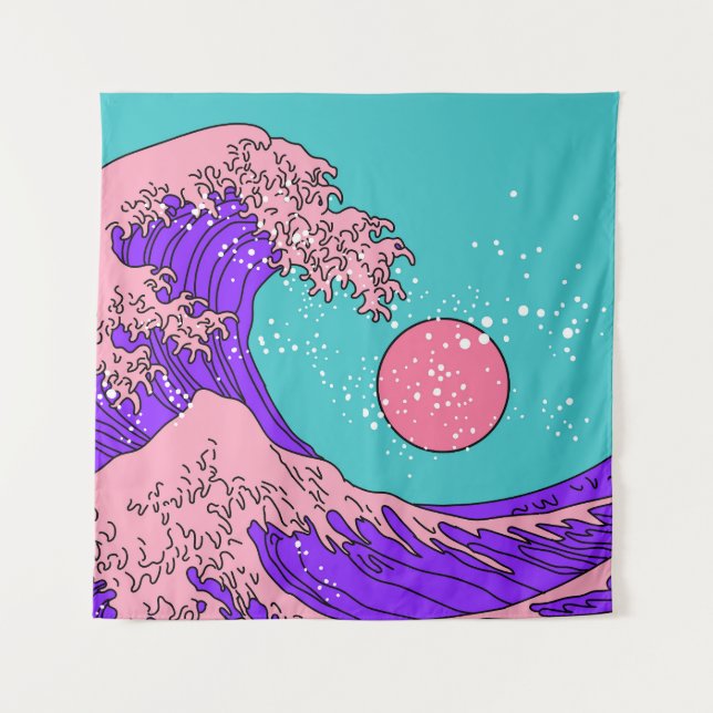 Vaporwave Great Wave: Stylised Ocean Art Tapestry (Front)