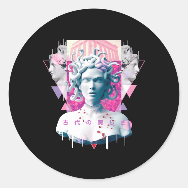 Vaporwave Medusa Statue Aesthetic Japanese Otaku Classic Round Sticker (Front)
