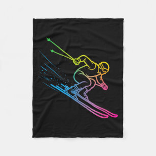 Vaporwave skier rainbow gradient retro winter fleece blanket