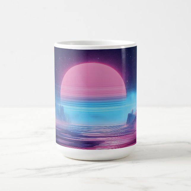 Vaporwave Sunset Landscape,Retro-Futuristic Design Coffee Mug (Center)