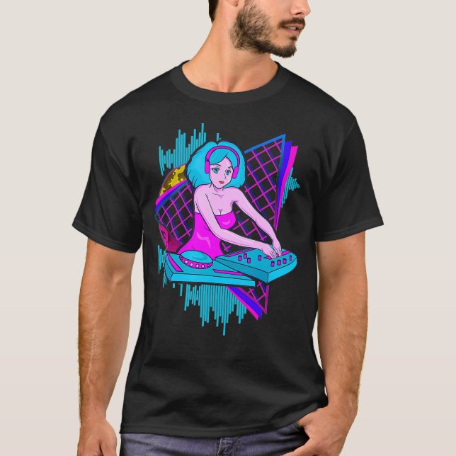 Vaporwave Synthwave DJ Girl 1980s and 1990s Gift T-Shirt (Front)