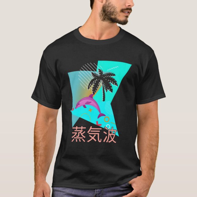 Vaporwave Synthwave Dolphin Ocean Kanjis T-Shirt (Front)