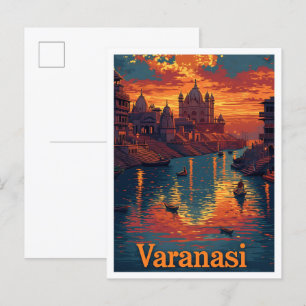 Varanasi India Vintage Art Travel Illustration Postcard