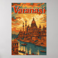 Varanasi India Vintage Art Travel Illustration