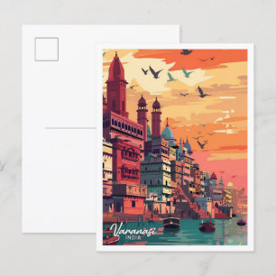 Varanasi India Vintage Travel Illustration Postcard