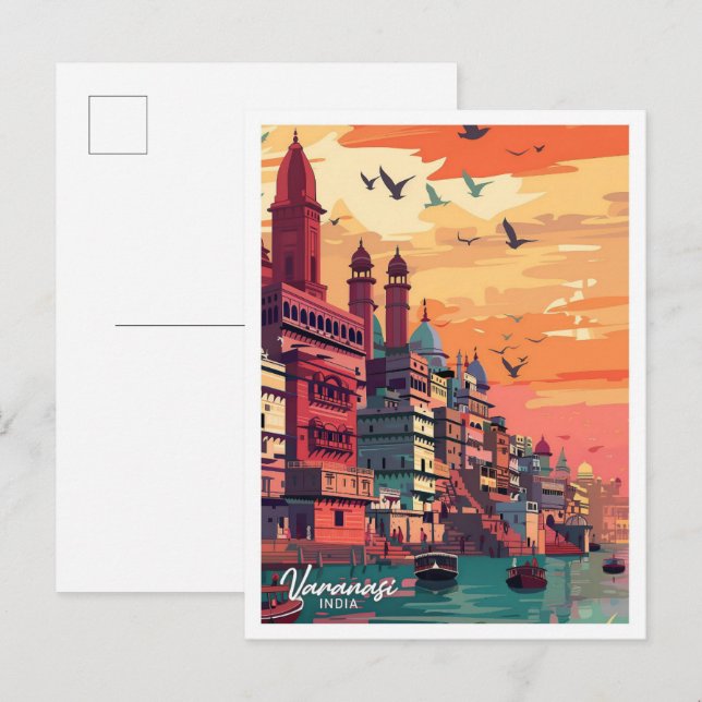 Varanasi India Vintage Travel Illustration Postcard (Front/Back)