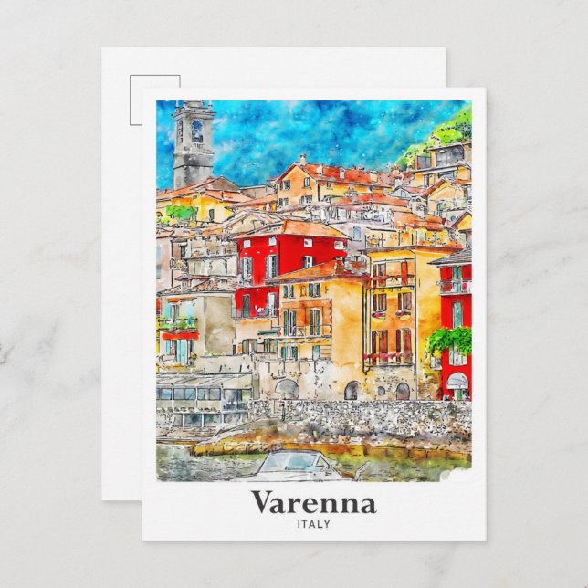 Varenna Lecco Italy Travel Watercolor Hand Drawn Postcard (Front/Back)