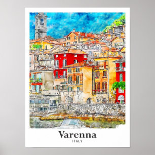 Varenna Lecco Italy Travel Watercolor Hand Drawn Poster