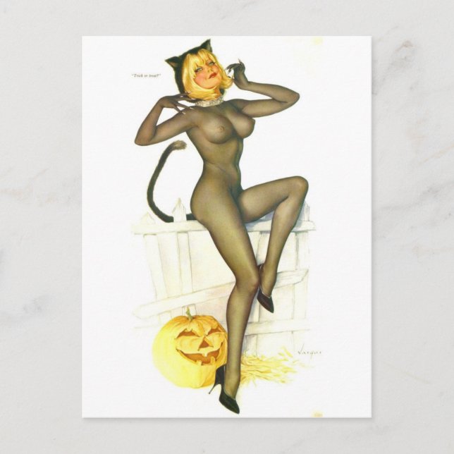 Vargas Halloween Cat Vintage pin up girl Postcard (Front)