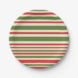 Variable Stripe Christmas Pattern Red Green Cream Paper Plate