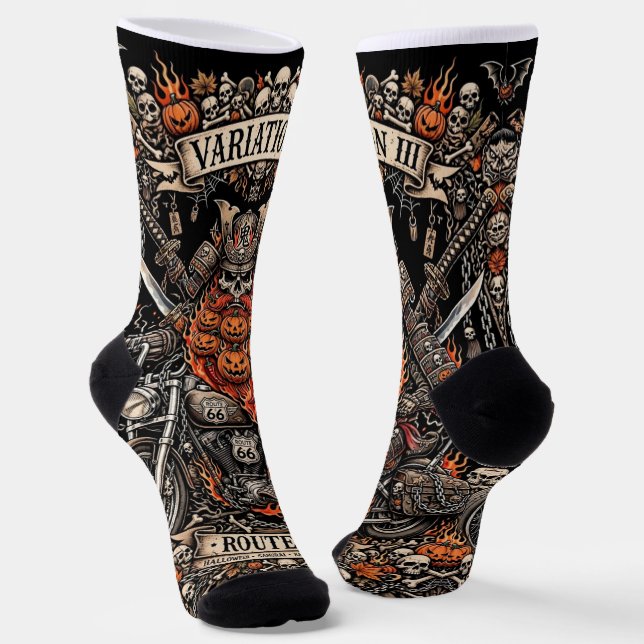 Variation III Route 66,Samurai Pumpkin Beard Biker Socks (Angled)