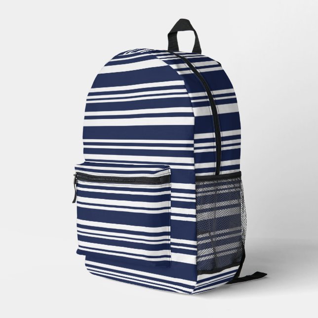 Varied Navy Blue and White Stripes Printed Backpack (Back Corner Right)