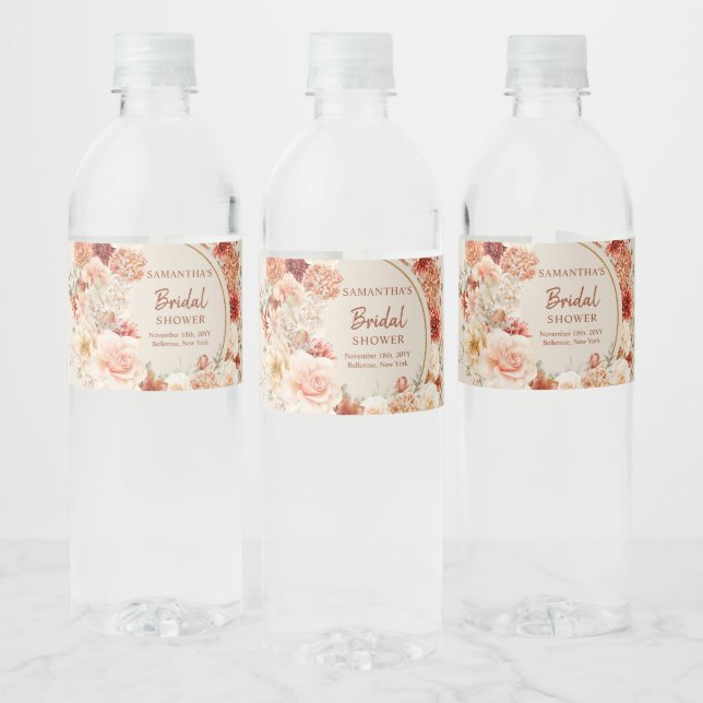 Variegated autumn floral rusty ivory blush sage water bottle label (Bottles)
