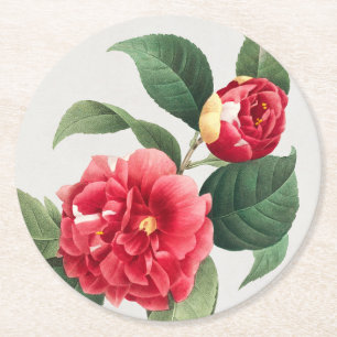Variegated Camellia, Pierre-Joseph Redouté, 1833 Round Paper Coaster