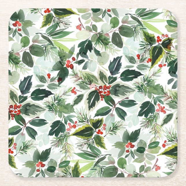 Variegated Winterberry Pattern Christmas Square Paper Coaster (Front)