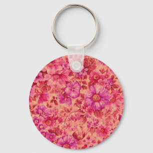 Various Blooming Flowers in Warm Pink and Purple Key Ring