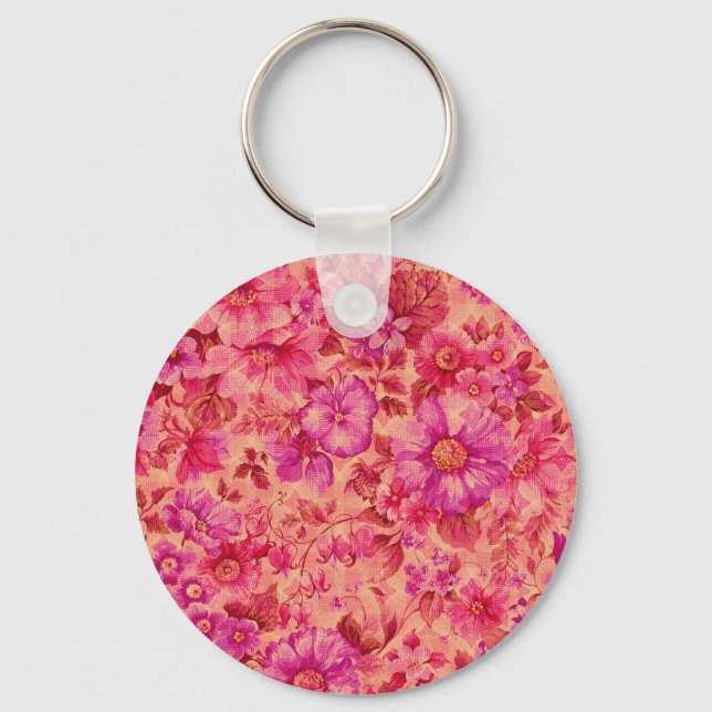 Various Blooming Flowers in Warm Pink and Purple Key Ring (Front)