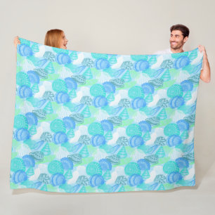 Various blue seashells line art pattern fleece blanket