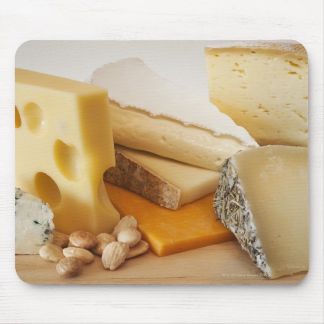 Various cheeses on chopping board mouse mat (Front)