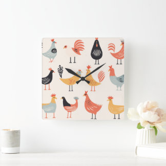 Various chickens on a white background square wall clock