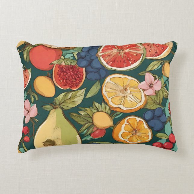 Various Citrus Fruits, Grapes and Flowers. Paintin Decorative Cushion (Front)