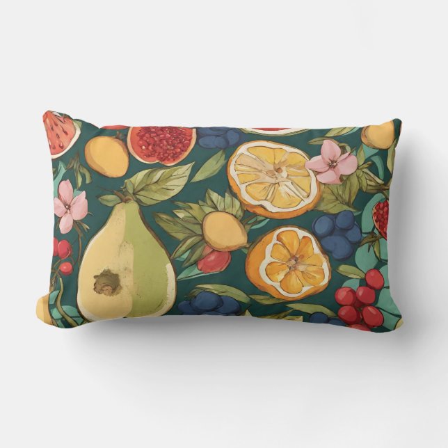 Various Citrus Fruits, Grapes and Flowers. Paintin Lumbar Cushion (Front)