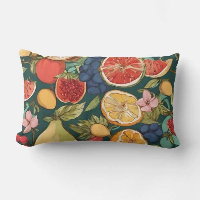 Various Citrus Fruits, Grapes and Flowers. Paintin Lumbar Cushion (Front)