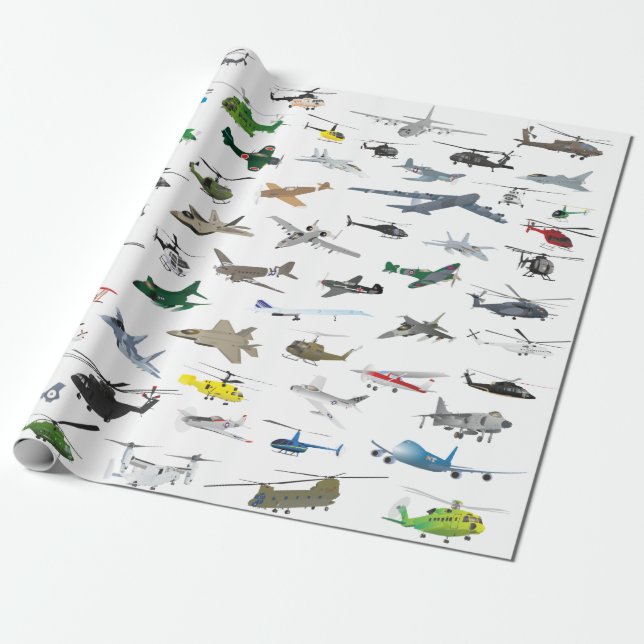 Various Colorful Airplanes and Helicopters Wrapping Paper (Unrolled)