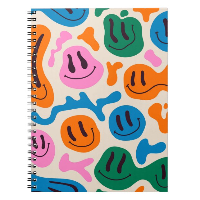 Various colorful melting smiling Faces. Lava lamp, Notebook (Front)