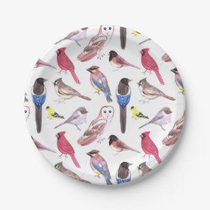 Various colourful birds watercolor painting paper plate