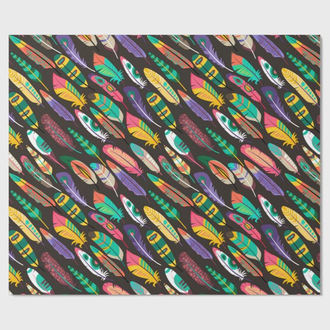Various colourful feathers pattern wrapping paper (Flat)