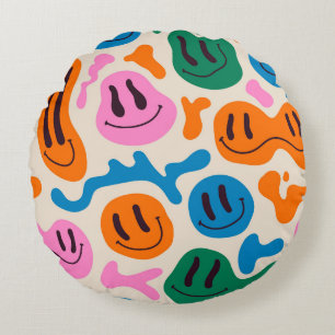Various colourful melting smiling Faces. Lava lamp Round Cushion