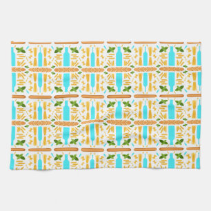 Various dry pasta shapes basil and baguettes tea towel