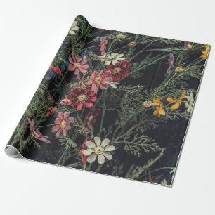 Various flowers on the black wooden background. Ab Wrapping Paper