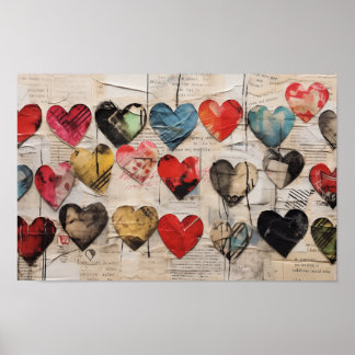 Various hearts with collage paper textures poster