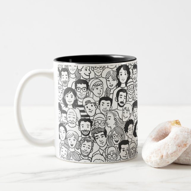 Various people's faces Two-Tone coffee mug (With Donut)