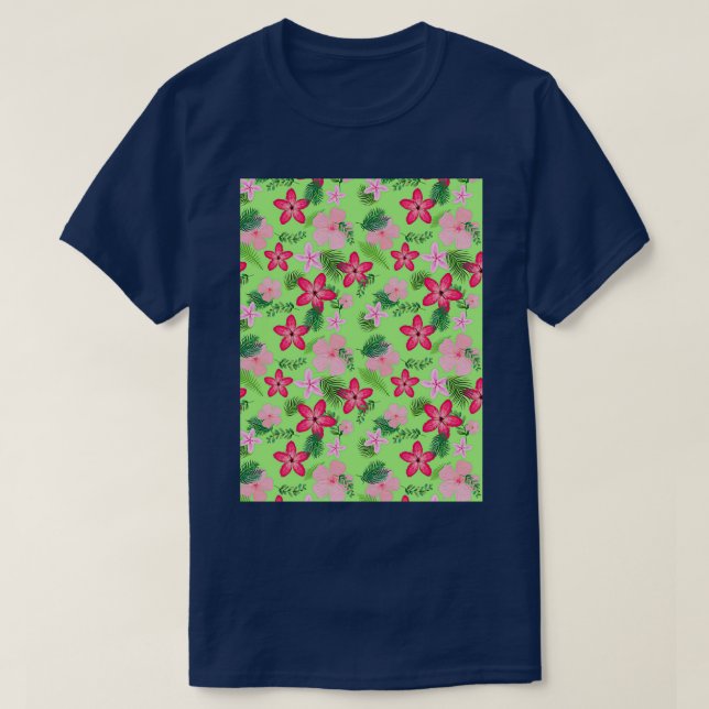 Various pink flowers and leafs pattern on light gr T-Shirt (Design Front)