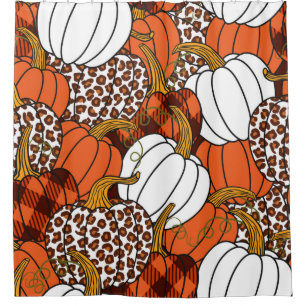 Various pumpkins. Leopard, orange, white and buff Shower Curtain
